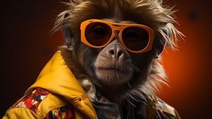 A trendy monkey wears a patterned shirt and accessorizes with colorful sunglasses against a solid yellow background. 