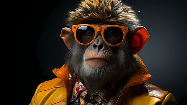 A trendy monkey wears a patterned shirt and accessorizes with colorful sunglasses. With a playful expression, it poses against a solid background, exuding a sense of fun and modern style