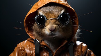 A trendy squirrel flaunts a streetwear-inspired ensemble, complete with a hoodie and fashionable sunglasses. It strikes a pose against a solid background, exuding urban style and confidence