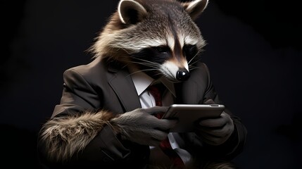 A well-groomed raccoon in a tailored suit, holding a smartphone