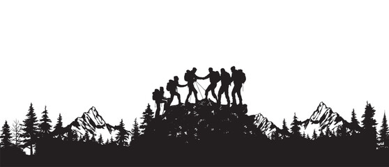 Six people Hiking on the mountain vector illustration. Group of six tourists against mountains isolated on a white background