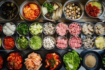 Foto op Canvas korean barbecue in thai style Thai barbecue pork all ,top view © CHALERMCHAI