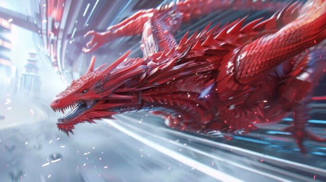 A red scaled dragon racing in a futuristic sci fi sports event captured in close up to emphasize its incredible speed