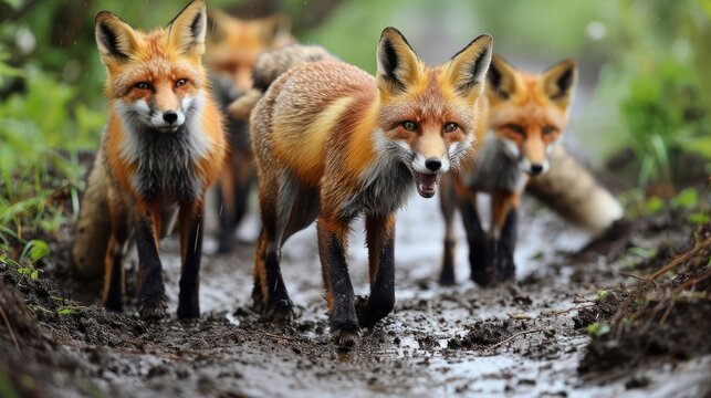 lively image of playful foxes frolicking in the mud, capturing their agile movements and bushy tails
