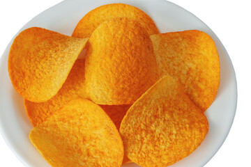Round crispy potato chips on a plate close up