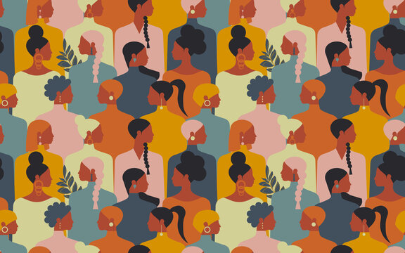 Women of different nationalities together form a seamless people pattern for textiles. 