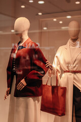 Two stylish mannequins in a store window dressed in seasonal fashion cloth. Brown jacket, white...