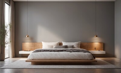 architecture photography of A minimalist bedroom with a simple white bed and gray walls