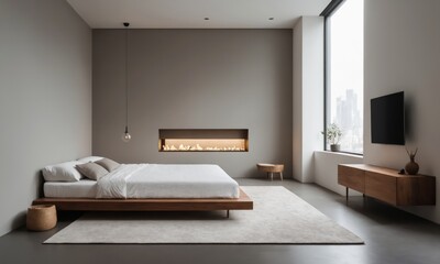 architecture photography of A minimalist bedroom with a simple white bed and gray walls