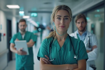 A confident female doctor stands with arms crossed in a hospital corridor, accompanied by her medical team.