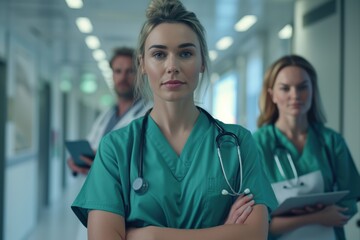 Fototapeta premium A confident female doctor stands with arms crossed in a hospital corridor, accompanied by her medical team.