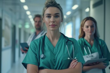 A confident female doctor stands with arms crossed in a hospital corridor, accompanied by her medical team.