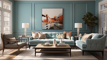 A serene living room with soft aqua walls and dark cobalt accent furniture
