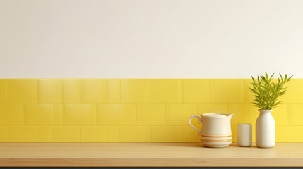 Fototapeta na wymiar A cheerful kitchen setting with a crisp yellow backsplash, featuring a classic white jug and matching vase with fresh green leaves on a natural wood countertop.