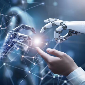 A conceptual image showcasing the intersection of human and artificial intelligence, symbolized by a human hand touching a robotic counterpart against a networked digital background