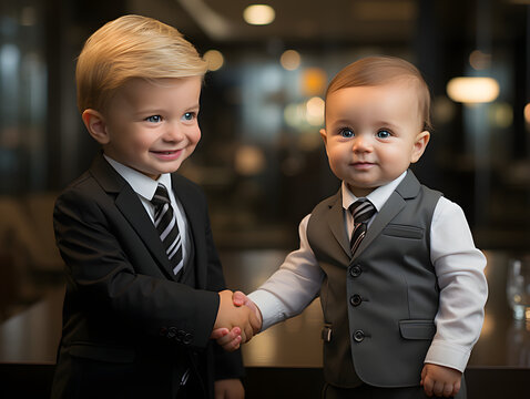 Two Babies in Business Suits Shaking Hands