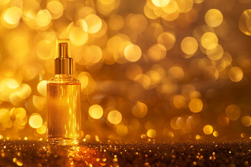 Bottle of a perfume isolated on a shiny golden background - obrazy, fototapety, plakaty