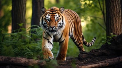 striped tiger walks in the forest. It conveys elegance. and awe - obrazy, fototapety, plakaty