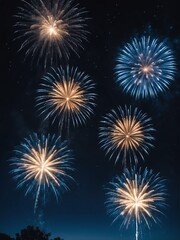 Blue fireworks display on dark night sky background from Generative AI