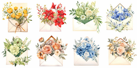 flower envelope for wedding graphics watercolor on isolated background, generated ai