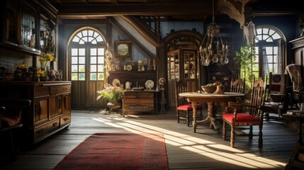 Antique wooden house, European style, conveys charm. and classic - obrazy, fototapety, plakaty