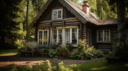 Antique wooden house, European style, conveys charm. and classic