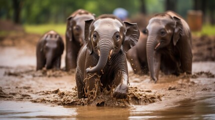 Baby elephants play in the puddle. It conveys cuteness. and purity - obrazy, fototapety, plakaty