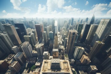 Bird's eye view of a big city full of tall skyscrapers Media impact on the environment Awaiting challenges - obrazy, fototapety, plakaty