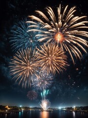 Festival fireworks display on dark night sky background from Generative AI