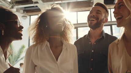 Diverse business team Standing and having fun chatting in the office, working together smoothly, unity in the team. and diversity in the modern workplace