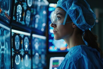 Obraz premium A focused female medical professional reviews detailed brain scans on advanced monitors in a high-tech laboratory.