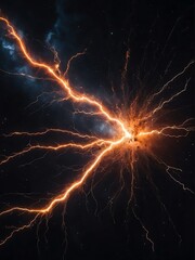 Orange electric thunder with sparks and embers on dark outer space cosmos background from Generative AI
