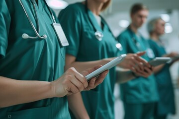 A team of focused healthcare professionals using digital tablets for patient care and coordination in a modern hospital corridor.