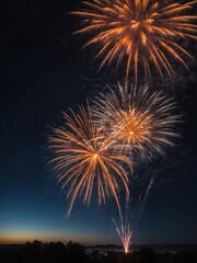 Fototapeta na wymiar Orange fireworks display on dark night sky background from Generative AI