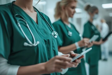 A team of focused healthcare professionals using digital tablets for patient care and coordination in a modern hospital corridor.