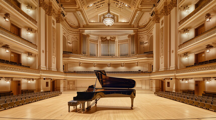 Large Concert Hall with Grand Piano. Ornate Classical Architecture, Venue for Symphony Performances and Piano Recitals
