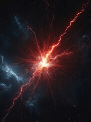 Red electric thunder with sparks and embers on dark outer space cosmos background from Generative AI