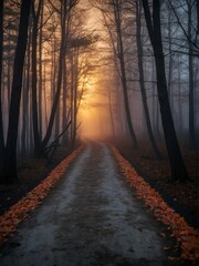 Scary pathway at a foggy forest on halloween at sunset from Generative AI