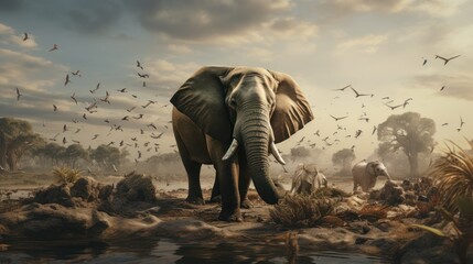 Condition of wild elephants and wildlife and water sources Natural disasters reflect the dire consequences of destroying nature. loss that cannot be repaired - obrazy, fototapety, plakaty