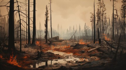 Pictures of forests that have been destroyed by fire Reflects environmental problems emphasizing the loss