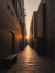 Naklejka premium Walkway at a noir city back alley at sunset from Generative AI