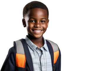 a high quality stock photograph of a single happy african school boy full body isolated on a white background