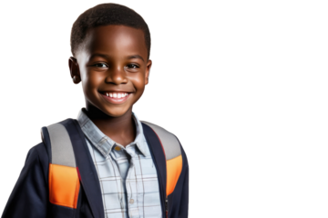 a high quality stock photograph of a single happy african school boy full body isolated on a white background