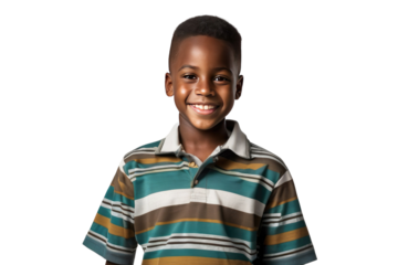 a high quality stock photograph of a single happy african school boy full body isolated on a white background