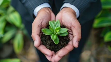 Businessman's hands holding green plants together symbolizing green business company. Cooperation in green business Cooperation in developing organizational systems - obrazy, fototapety, plakaty