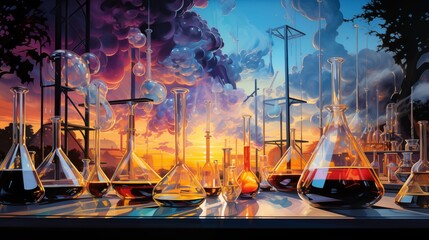 medical pharmaceutical research experiment concept, featuring a dynamic composition of laboratory elements against a carefully chosen backdrop, highlighted by symbolic representations