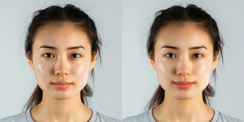 close-up headshot of an Asian woman model with acne problem, red spots, acne scars. compare skin before and after treatment for skin clinic advertisers or skincare product promotion - obrazy, fototapety, plakaty