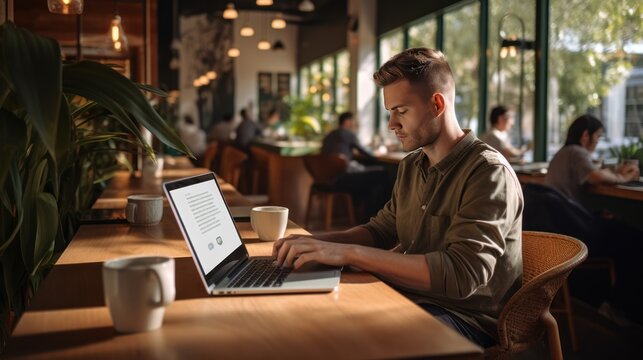 Young man working intently on laptop in coffee shop, working remotely