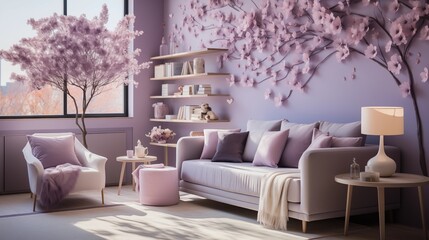 A serene nursery with gentle lilac wallpaper and deep amethyst crib, accessorized with lilac and amethyst bedding and plush toys, creating a calming and nurturing environment for the little one