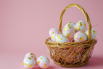 gold decorated white Easter eggs in wicker basket close-up on pink background. Easter card